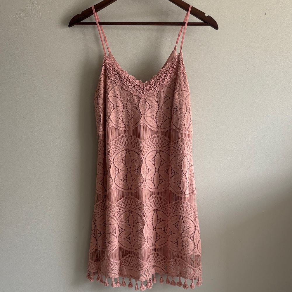 Speechless Pink Lace Crochet Slip Dress Tassel Hem Boho Festival Mini S